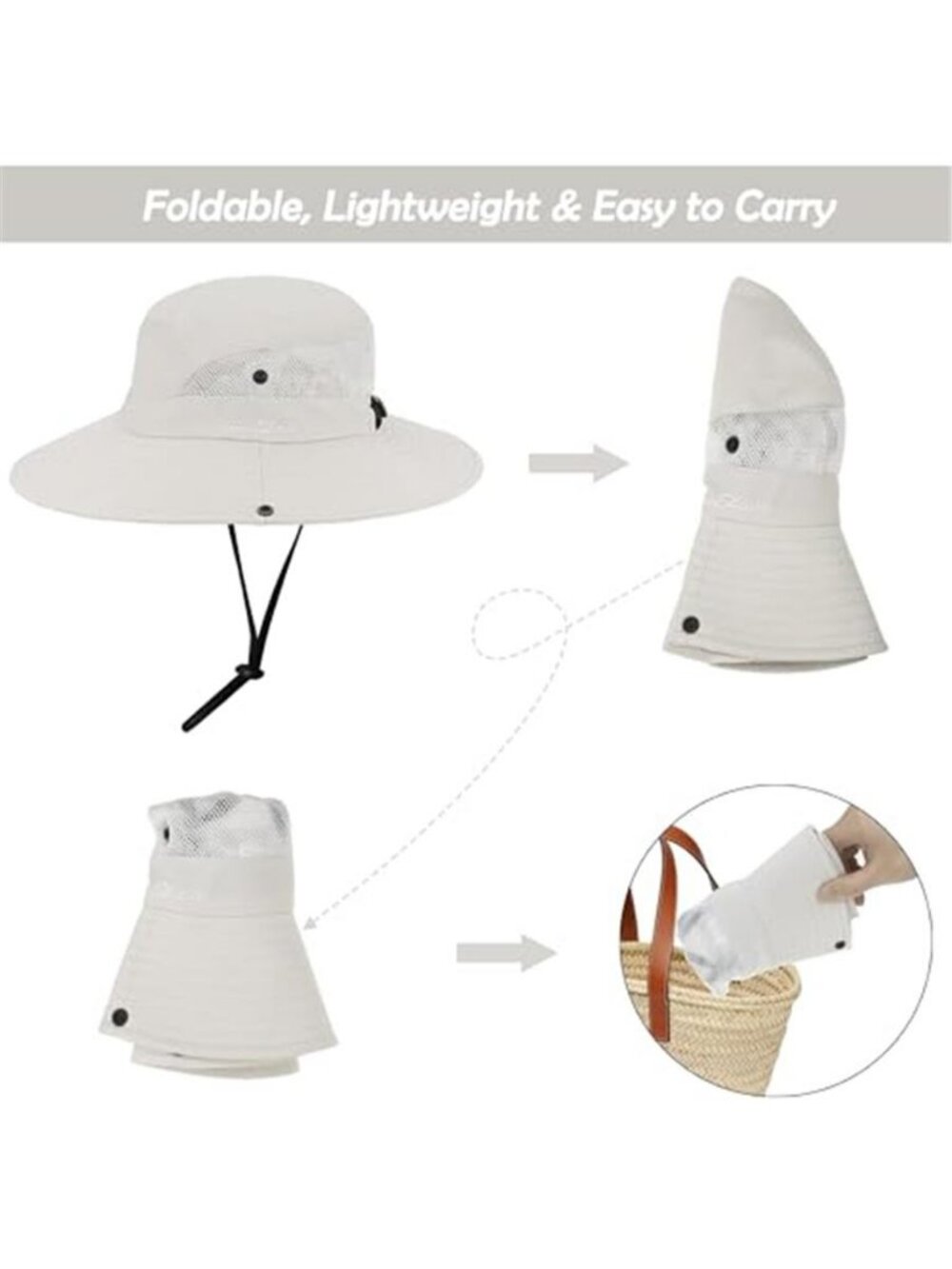 Beige Wide Brim Sun Hat Women UV Protection Ponytail Beach Fishing Hat - Picture 3 of 7